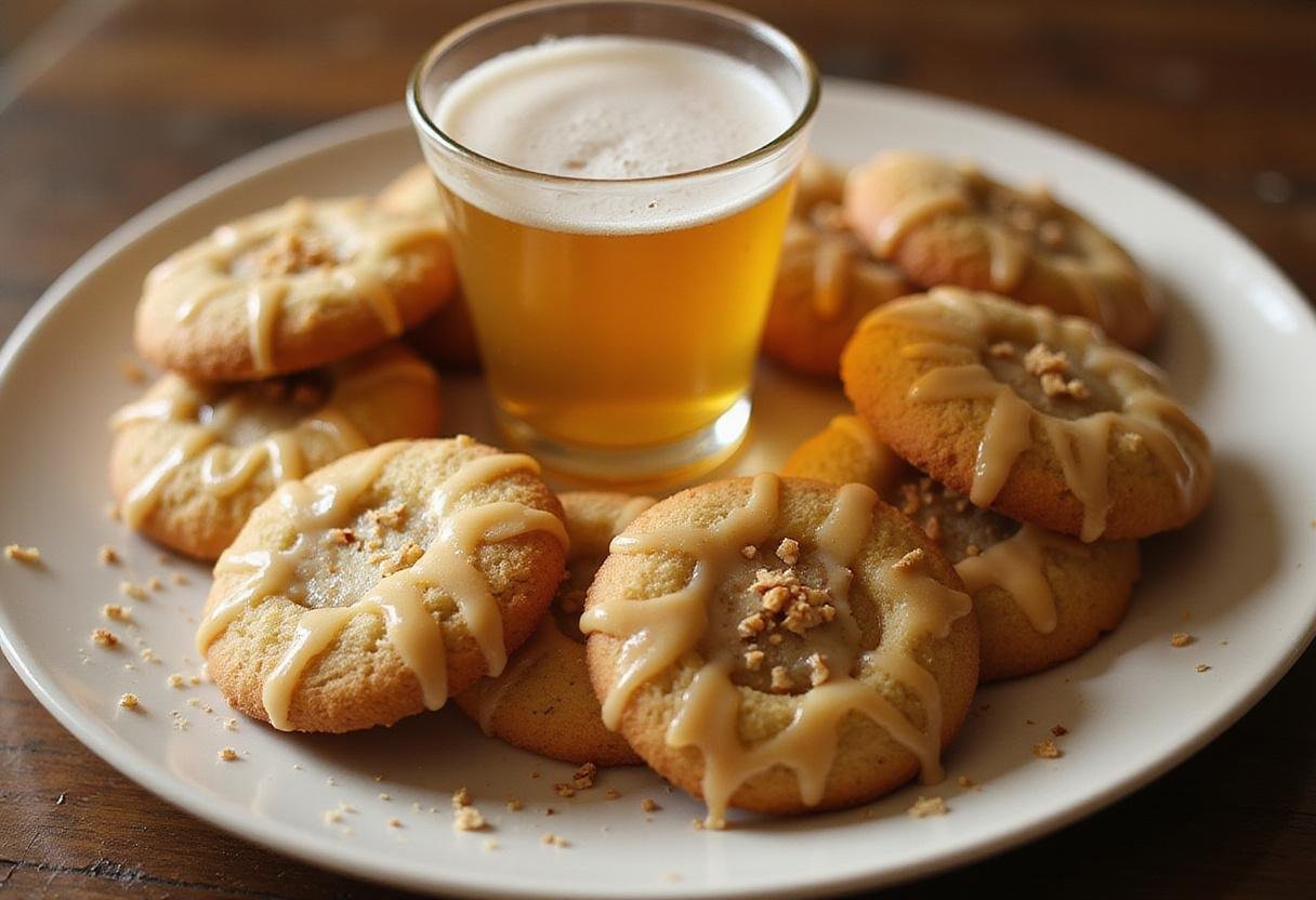 Delicious Honey-Glazed Gryffindor Butterbeer Cookies displayed on a plate, drizzled with honey and paired with a warm beverage.