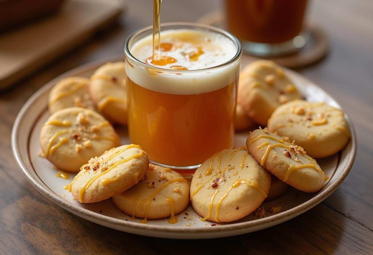 Delicious Honey-Glazed Gryffindor Butterbeer Cookies displayed on a plate, drizzled with honey and paired with a warm beverage.