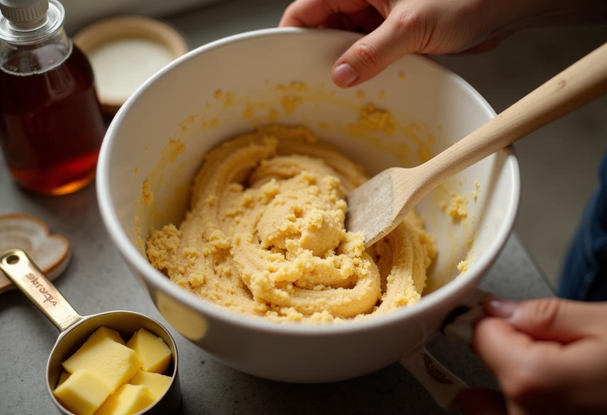Mixing the dough for Honey-Glazed Gryffindor Butterbeer Cookies, featuring butter and maple syrup in a warm kitchen atmosphere.