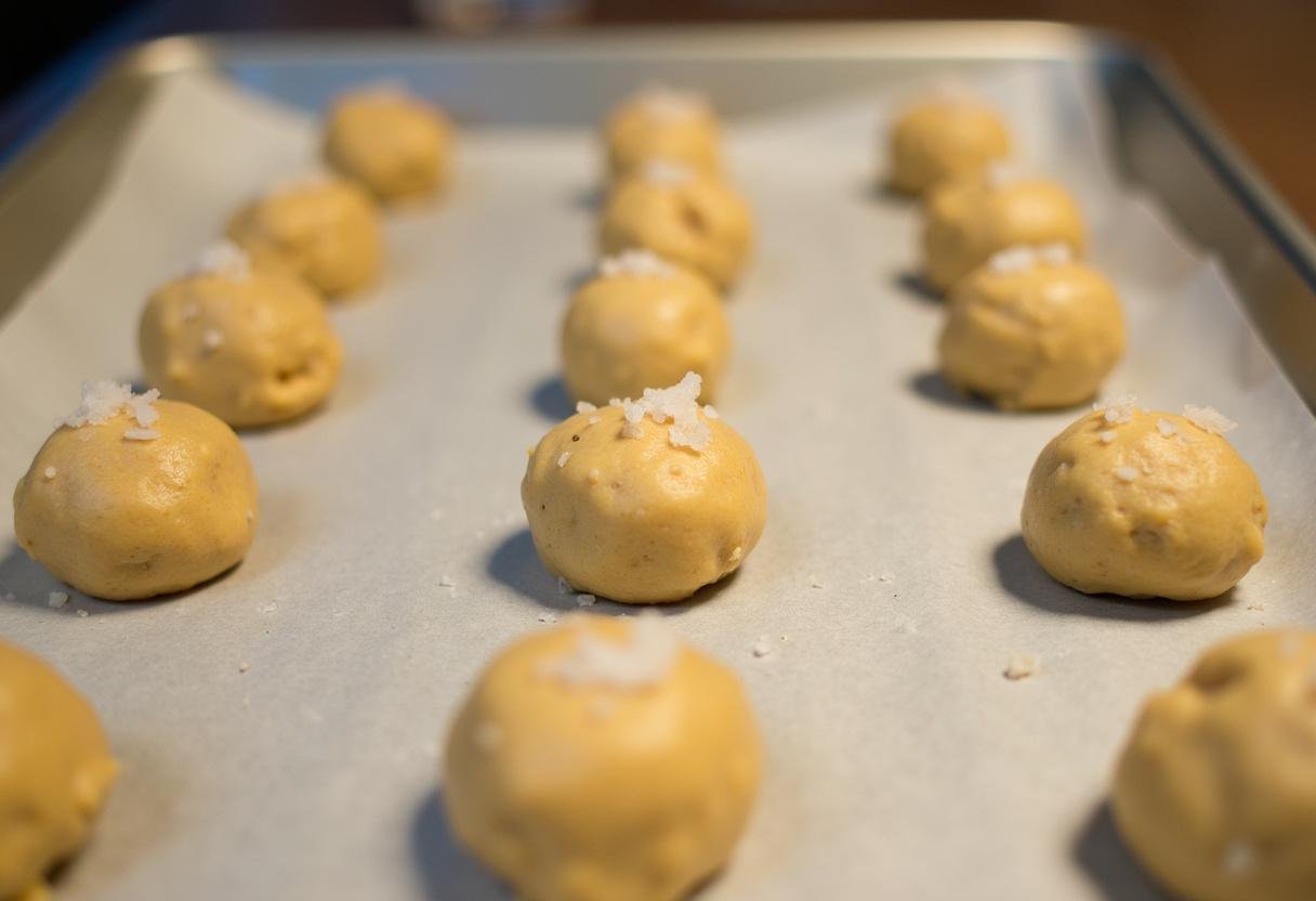 Preparing to bake Honey-Glazed Gryffindor Butterbeer Cookies on a lined tray with dough balls and sea salt.