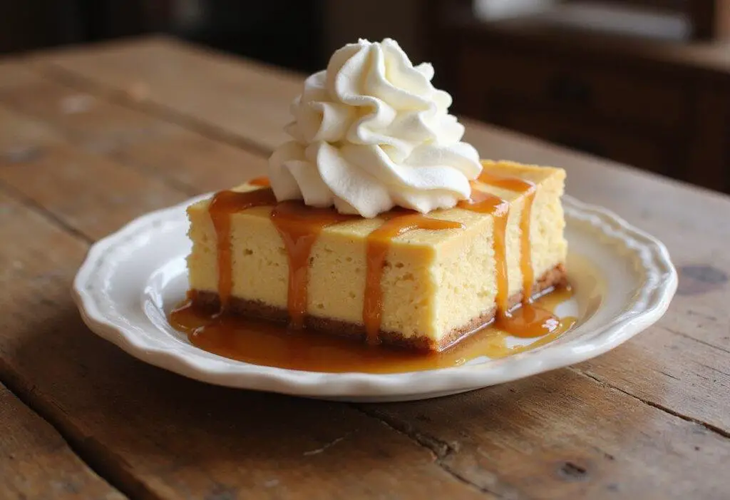 The final presentation of Hufflepuff Loyal Butterbeer Cheesecake Bars, featuring rich layers of cheesecake, butterscotch sauce, and whipped cream.