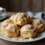 A tempting display of Hufflepuffs Homey Butterscotch Rolls with Frosting on a rustic table, ideal for a delightful tea time treat.