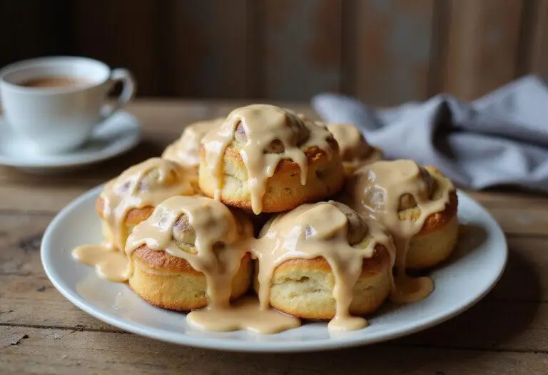 A tempting display of Hufflepuffs Homey Butterscotch Rolls with Frosting on a rustic table, ideal for a delightful tea time treat.