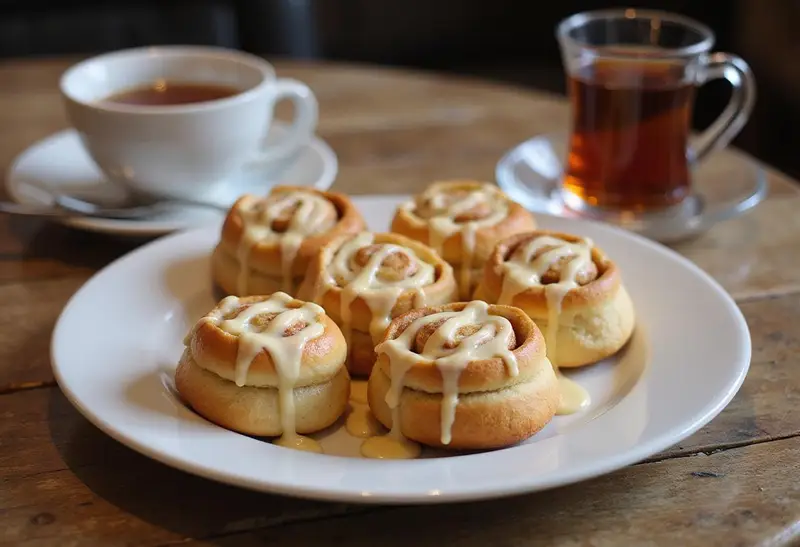 A tempting display of Hufflepuffs Homey Butterscotch Rolls with Frosting on a rustic table, ideal for a delightful tea time treat.