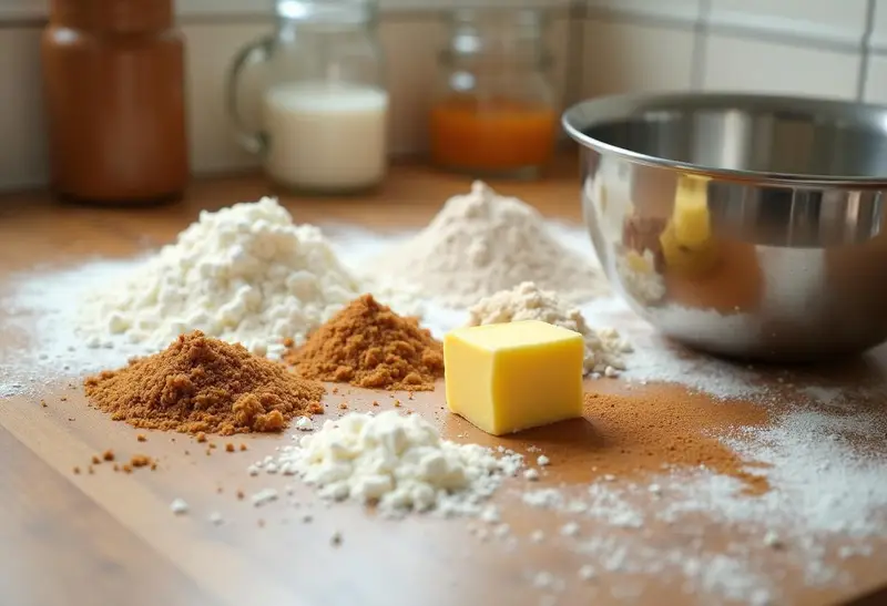 Ingredients for Hufflepuffs Homey Butterscotch Rolls with Frosting including flour, brown sugar, and butter arranged in a cozy kitchen setting.