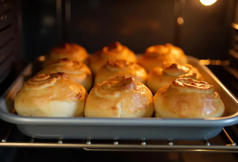 Freshly baked Hufflepuffs Homey Butterscotch Rolls being removed from the oven, golden and fluffy, highlighting the homey baking atmosphere.