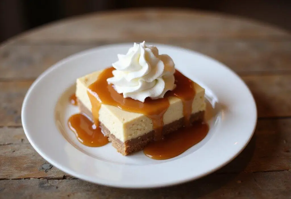 Enjoying the final result of Hufflepuff’s Sweet Butterbeer Cheesecake Bars, served with whipped cream and caramel, perfect for a delightful treat.