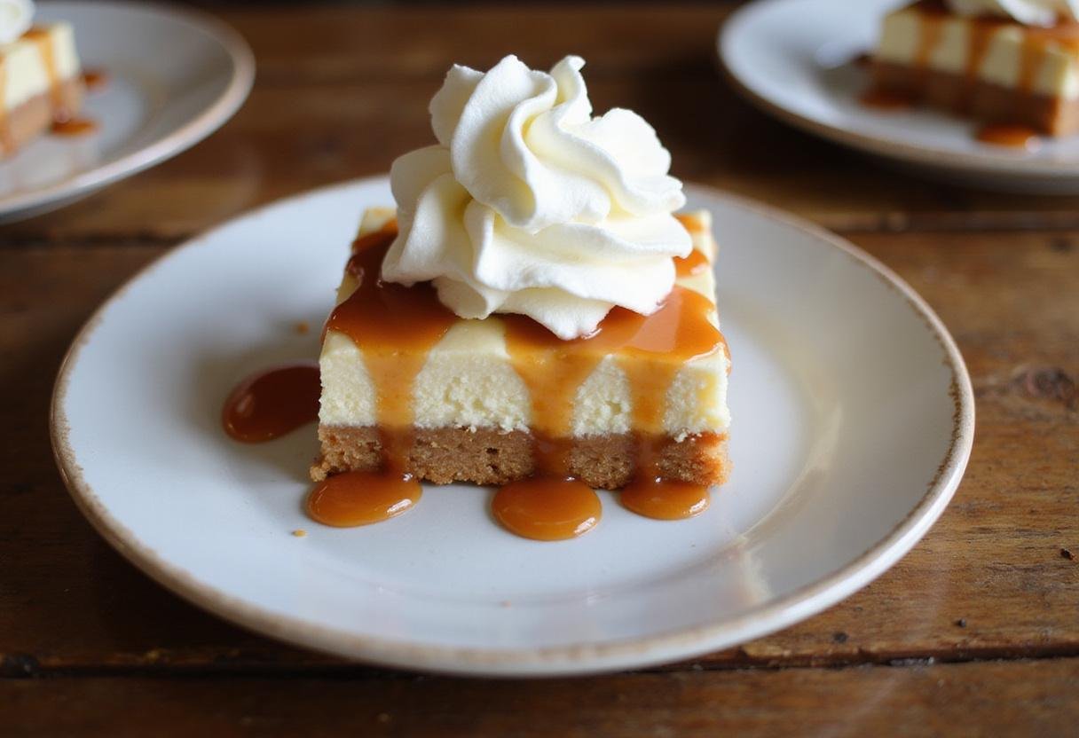 Enjoying the final result of Hufflepuff’s Sweet Butterbeer Cheesecake Bars, served with whipped cream and caramel, perfect for a delightful treat.