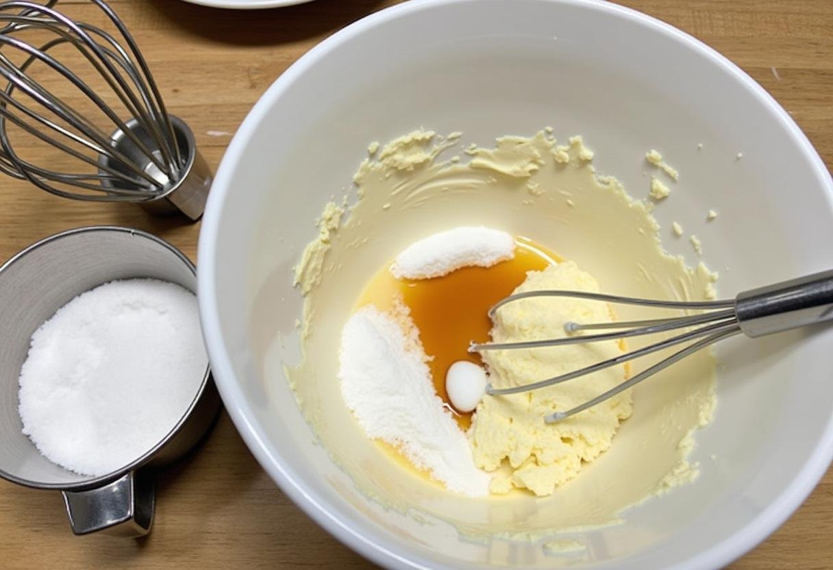 Preparing the cream cheese mixture for Hufflepuff’s Sweet Butterbeer Cheesecake Bars, with ingredients like sugar and vanilla on a kitchen counter.