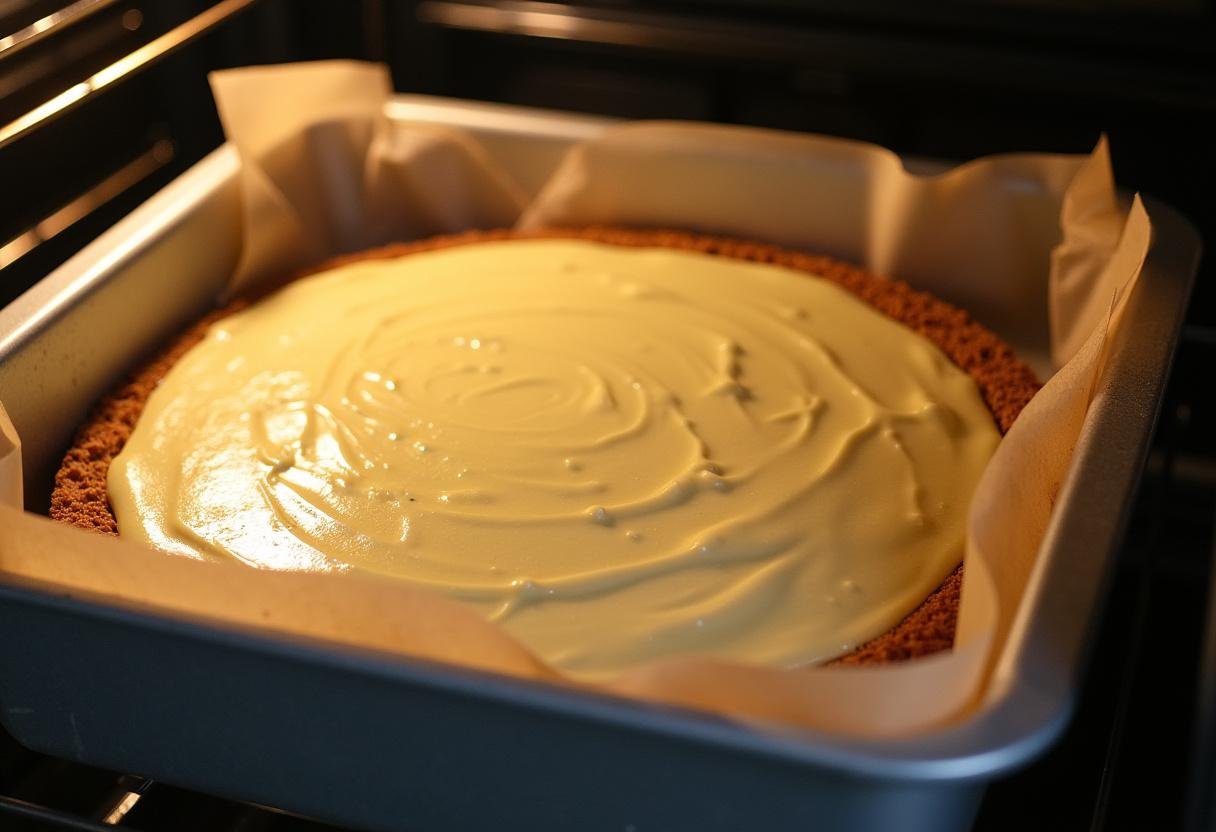 Preparing to bake Hufflepuff’s Sweet Butterbeer Cheesecake Bars, with a baking pan of cheesecake filling ready to go into the oven.