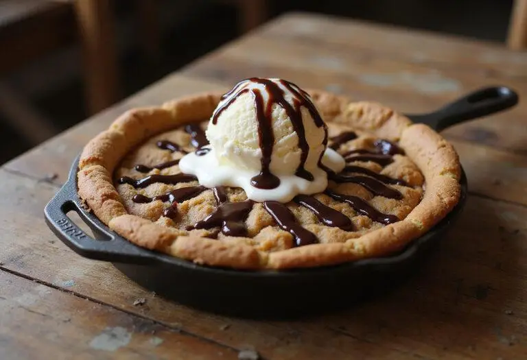 Magical Sorting Hat Cookie Skillets served warm topped vanilla ice cream drizzled chocolate sauce rustic wooden table presentation