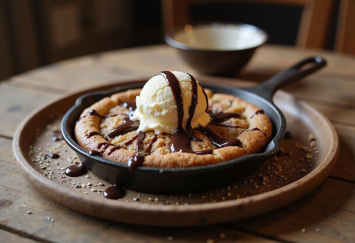 Magical Sorting Hat Cookie Skillets served warm topped vanilla ice cream drizzled chocolate sauce rustic wooden table presentation