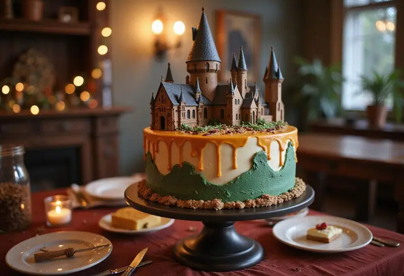 Final presentation of an Original Harry Potter Birthday Cake with magical decorations on a festive table.