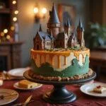 Final presentation of an Original Harry Potter Birthday Cake with magical decorations on a festive table.