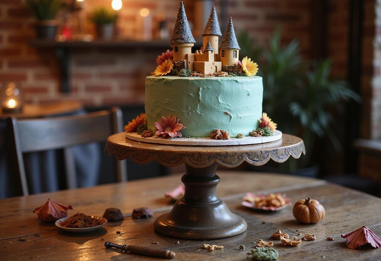 Final presentation of an Original Harry Potter Birthday Cake with magical decorations on a festive table.