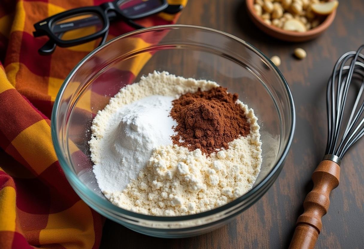 Mixing ingredients for an Original Harry Potter Birthday Cake with flour and cocoa powder in a vibrant kitchen setting.