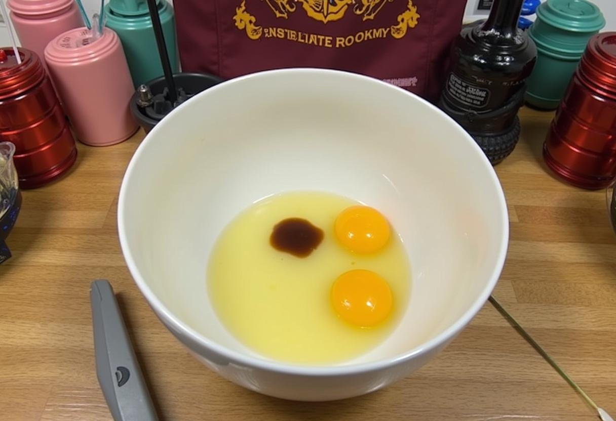 Adding eggs and vanilla extract for an Original Harry Potter Birthday Cake in a themed kitchen with Harry Potter decorations.