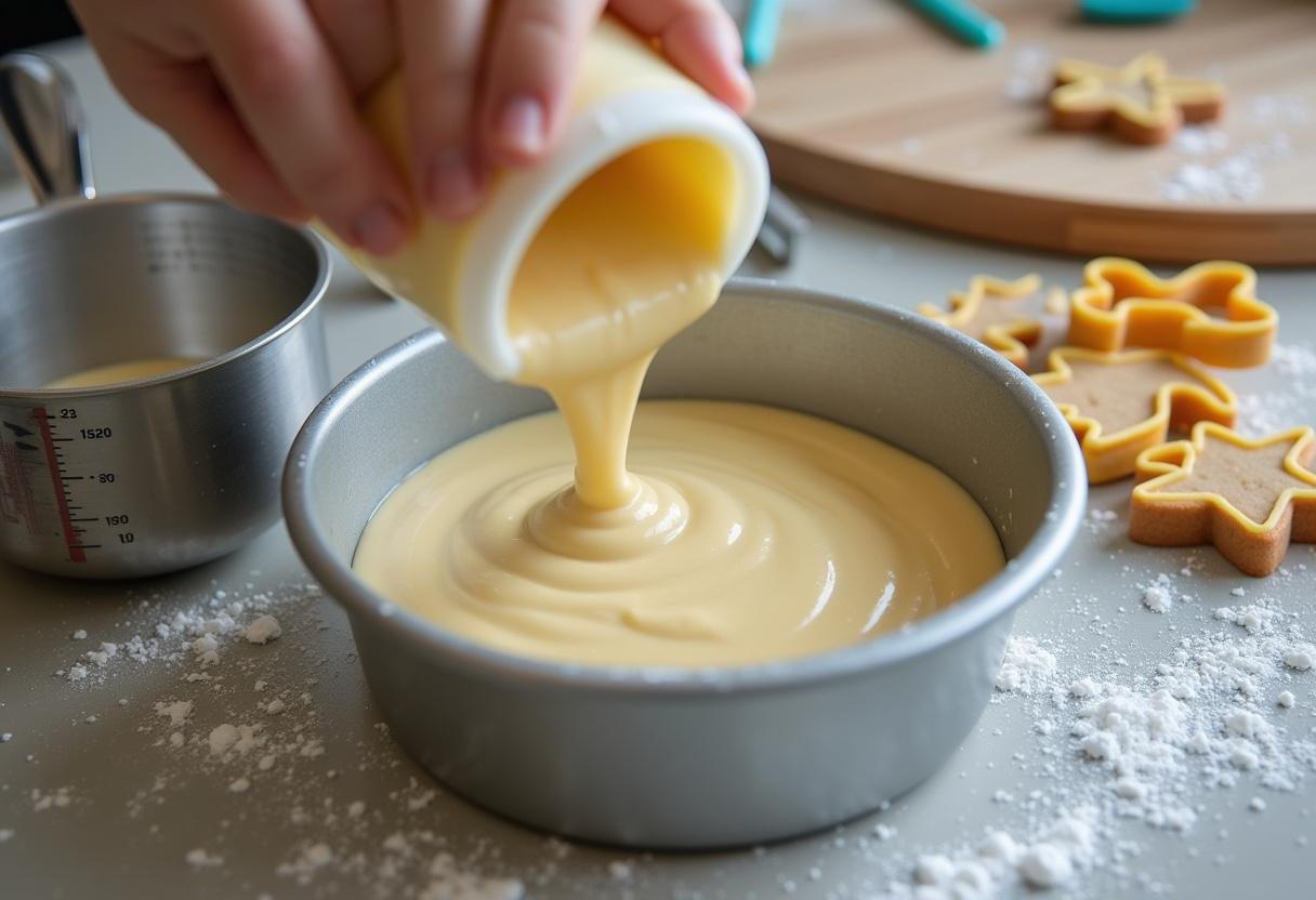 Pouring cake batter into a pan for an Original Harry Potter Birthday Cake in a colorful kitchen adorned with magical decorations.
