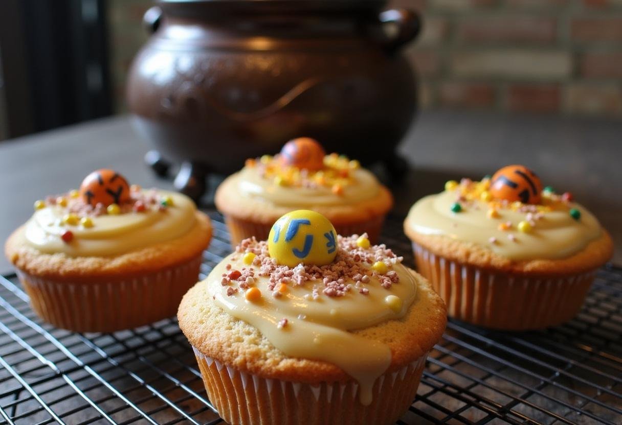 Cooling cakes for an Original Harry Potter Birthday Cake decorated with magical themed items on a wire rack.