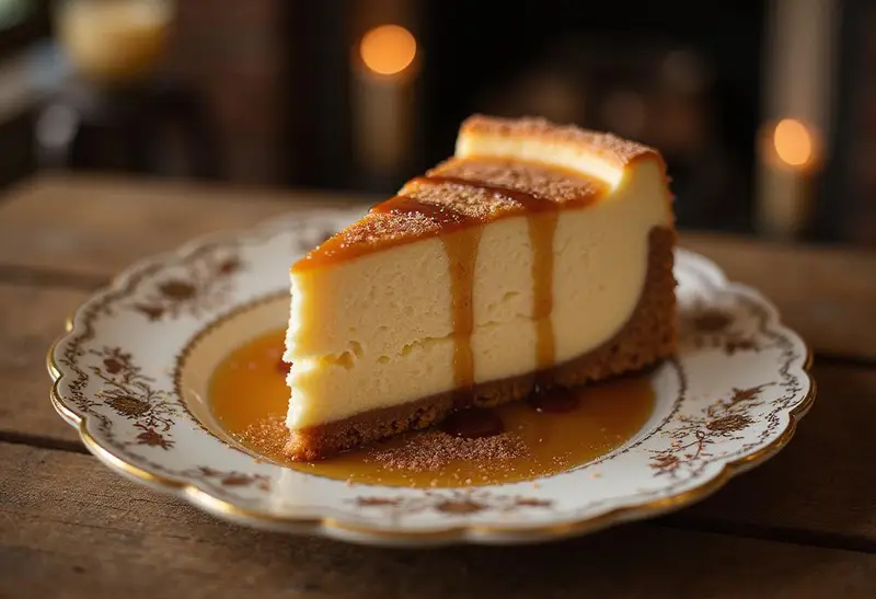Elegant display of Ravenclaw Evening Sky Butterbeer Cheesecake slice showcasing glimmering sugar dust.