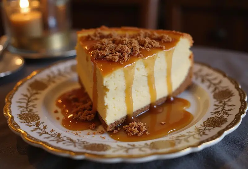 Elegant display of Ravenclaw Evening Sky Butterbeer Cheesecake slice showcasing glimmering sugar dust.