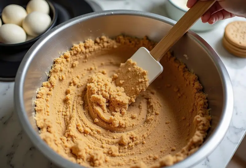 Ravenclaw Evening Sky Butterbeer Cheesecake crust preparation with graham crackers and melted butter.