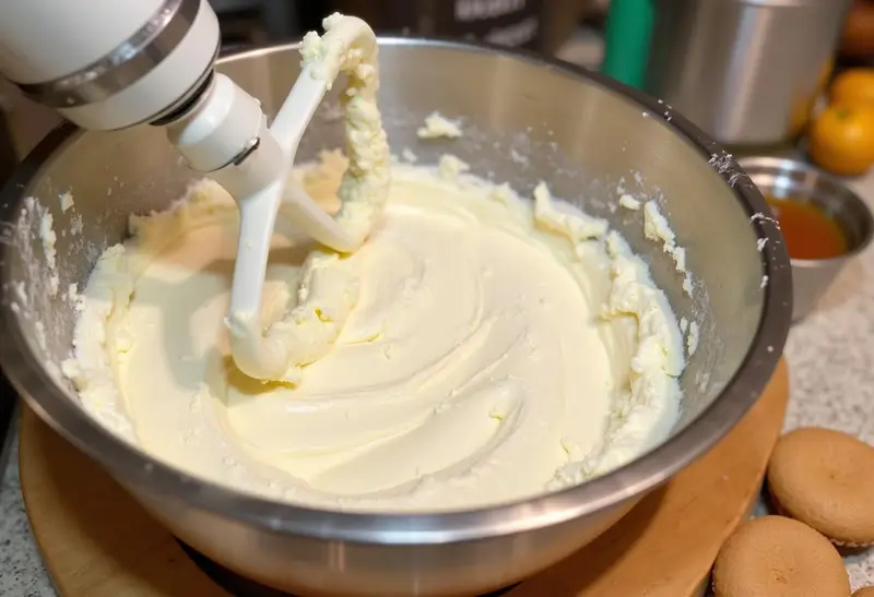 Creamy mixture for Ravenclaw Evening Sky Butterbeer Cheesecake being whipped with an electric mixer.