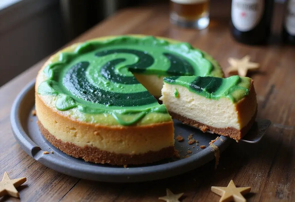 The finished Ravenclaw Starry Night Butterbeer Cheesecake with Green Swirl showcases an enchanting dessert perfect for any occasion.