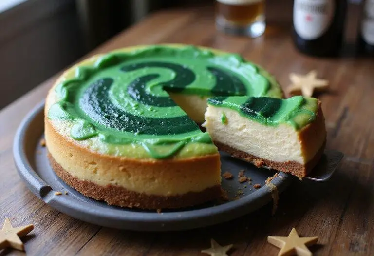 The finished Ravenclaw Starry Night Butterbeer Cheesecake with Green Swirl showcases an enchanting dessert perfect for any occasion.