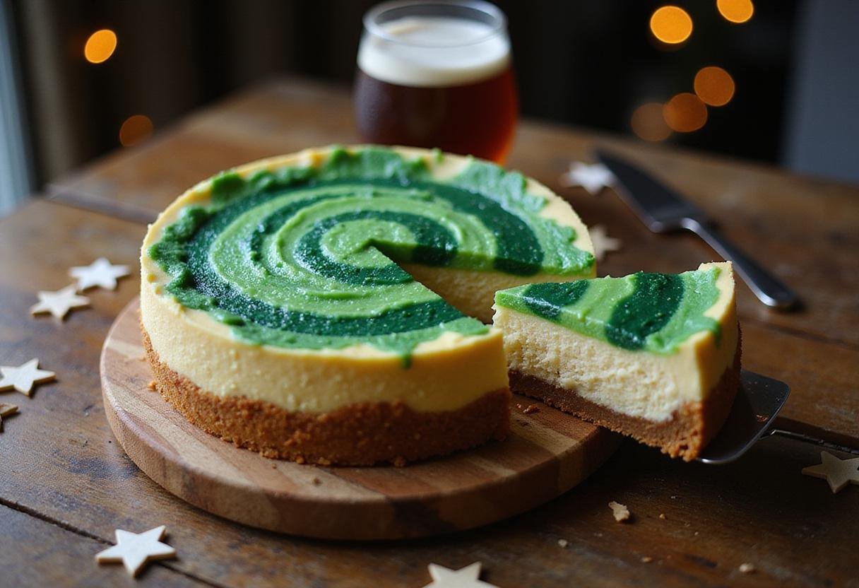 The finished Ravenclaw Starry Night Butterbeer Cheesecake with Green Swirl showcases an enchanting dessert perfect for any occasion.