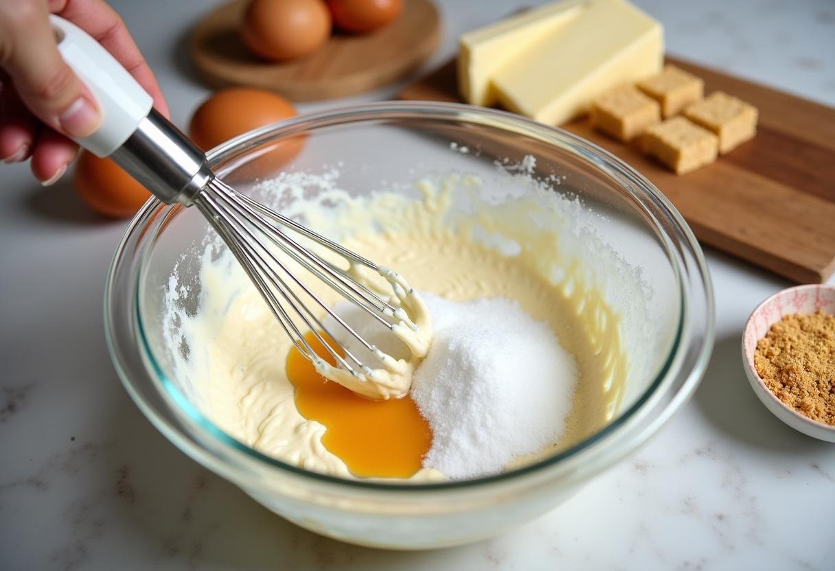 Making Ravenclaw Starry Night Butterbeer Cheesecake with cream cheese, sugar, and vanilla in a vibrant kitchen setting.