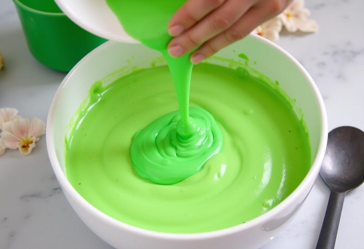 Creating beautiful green swirls for Ravenclaw Starry Night Butterbeer Cheesecake, emphasizing artistic presentation in baking.