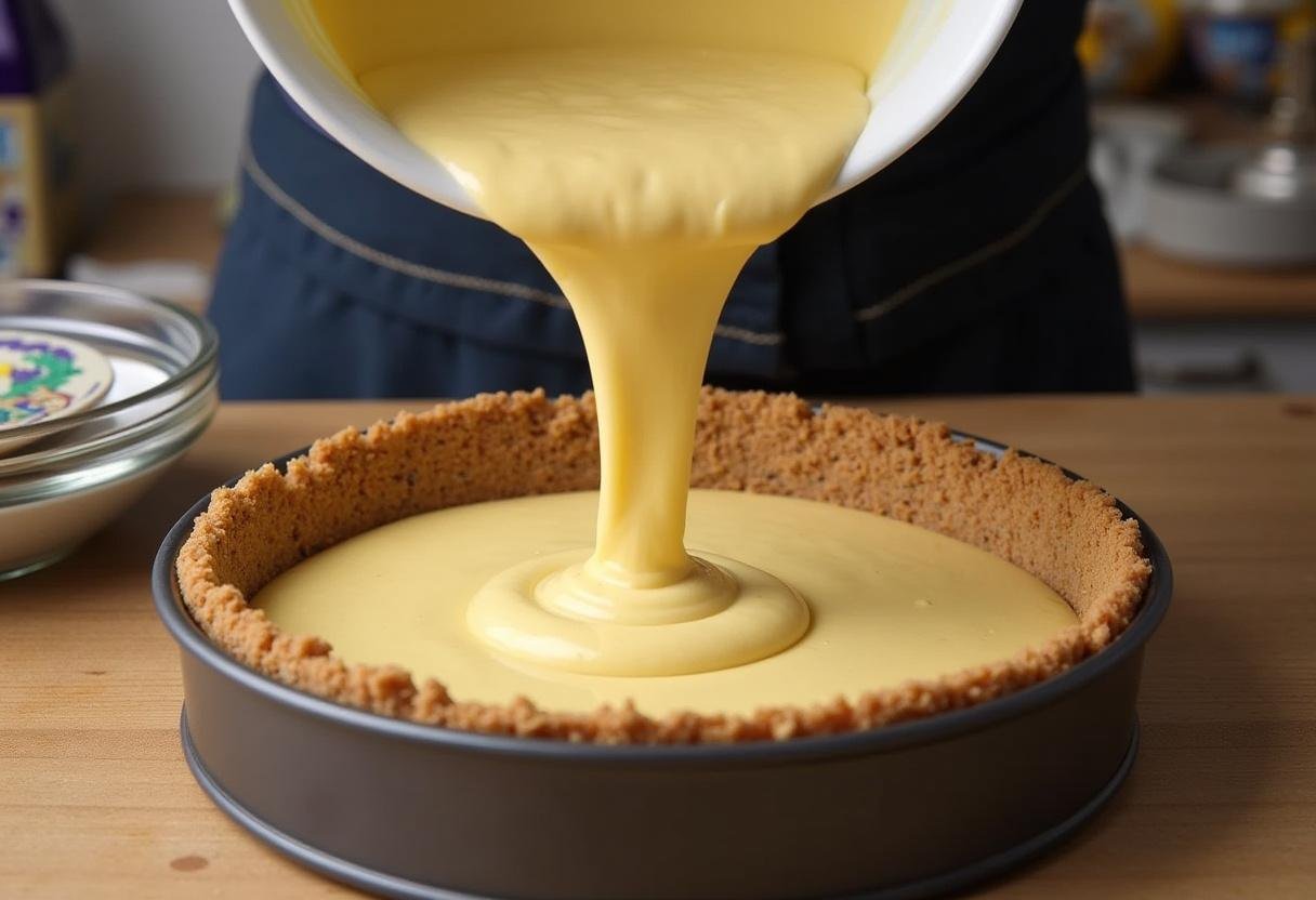 Pouring cheesecake mixture into the crust of the Ravenclaw Starry Night Butterbeer Cheesecake, illustrating the baking process.