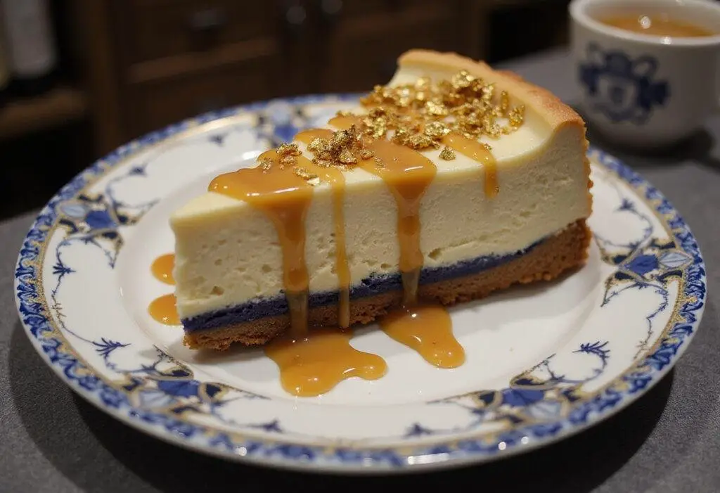 Final presentation of Ravenclaw Wisdom Butterbeer Cheesecake with Indigo Velvet slice, elegantly garnished and served, perfect for any dessert table.