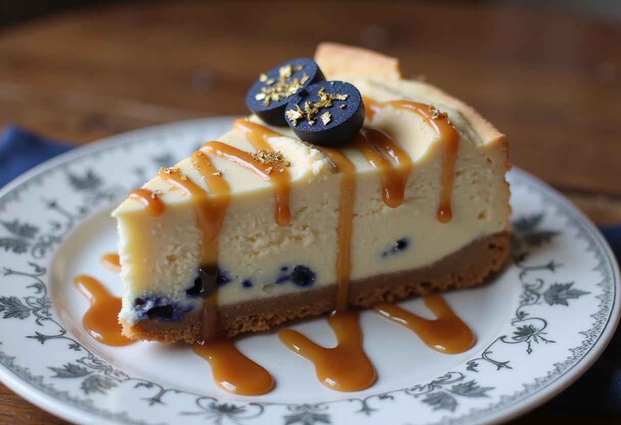 Final presentation of Ravenclaw Wisdom Butterbeer Cheesecake with Indigo Velvet slice, elegantly garnished and served, perfect for any dessert table.