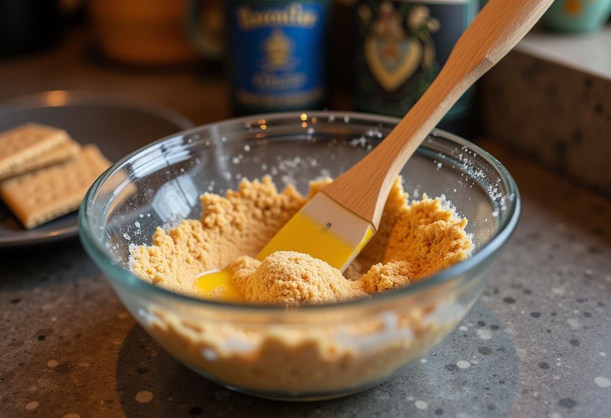 Ravenclaw Wisdom Butterbeer Cheesecake with Indigo Velvet crust preparation with crushed graham crackers and melted butter.