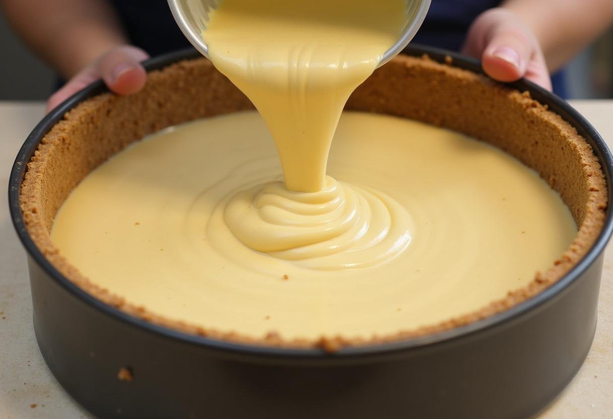 Ravenclaw Wisdom Butterbeer Cheesecake with Indigo Velvet filling preparation in a springform pan, highlighting the creamy texture.