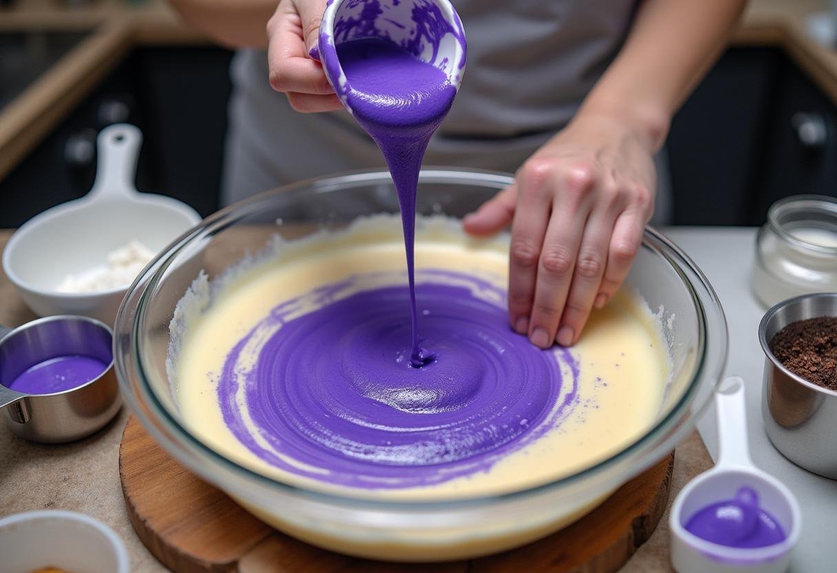Ravenclaw Wisdom Butterbeer Cheesecake with Indigo Velvet swirling preparation showing the rich indigo color in the batter.