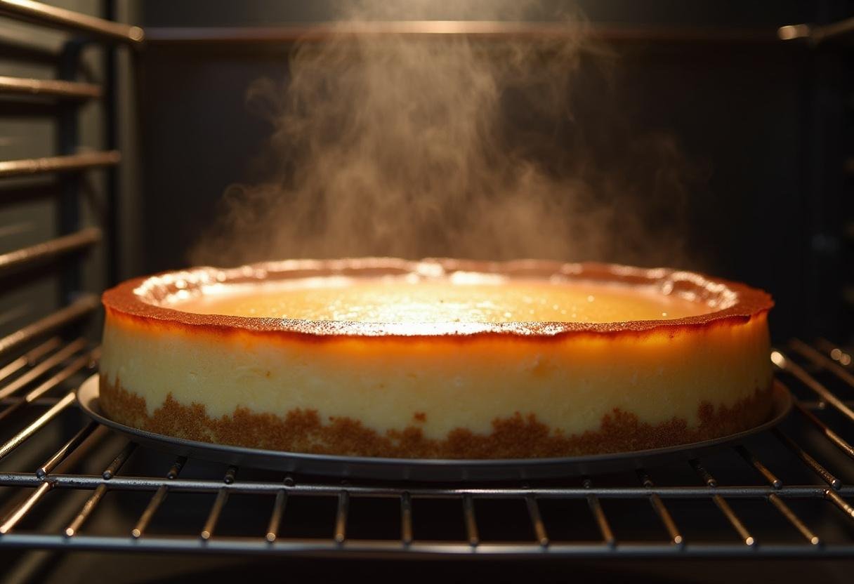 Ravenclaw Wisdom Butterbeer Cheesecake with Indigo Velvet cooling after baking, showcasing the perfect texture and appearance.