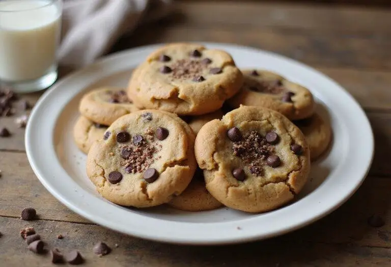 Final presentation of Slytherin Peanut Butter Chocolate Cookies with Chocolate Chips. A plate of warm cookies served with a glass of milk, showcasing a tempting dessert.