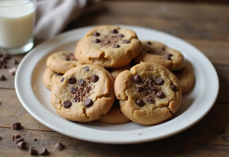 Final presentation of Slytherin Peanut Butter Chocolate Cookies with Chocolate Chips. A plate of warm cookies served with a glass of milk, showcasing a tempting dessert.