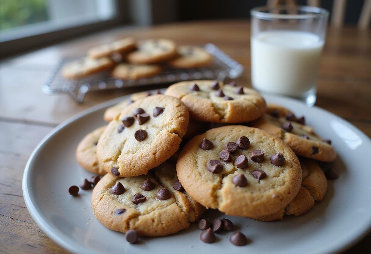 Final presentation of Slytherin Peanut Butter Chocolate Cookies with Chocolate Chips. A plate of warm cookies served with a glass of milk, showcasing a tempting dessert.