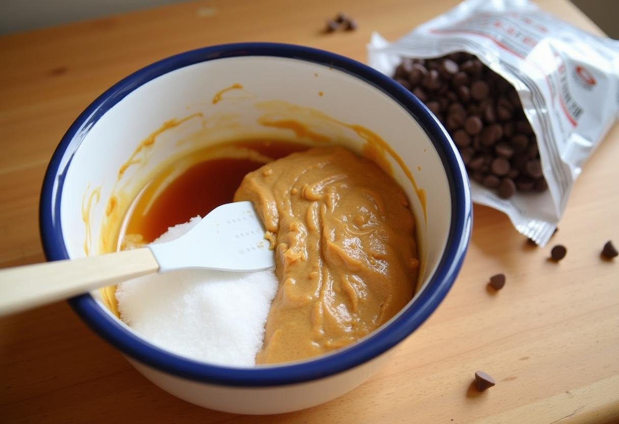 Mixing ingredients for Slytherin Peanut Butter Chocolate Cookies with Chocolate Chips. The preparation features peanut butter, sugar, and vanilla on a wooden countertop.