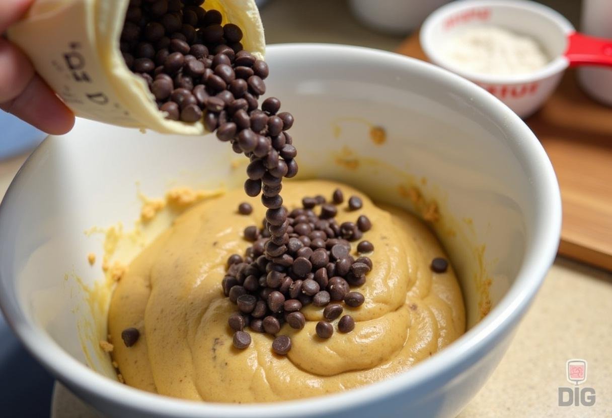 Adding chocolate chips to the cookie dough for Slytherin Peanut Butter Chocolate Cookies with Chocolate Chips. The scene captures the mixing process in a cozy kitchen.
