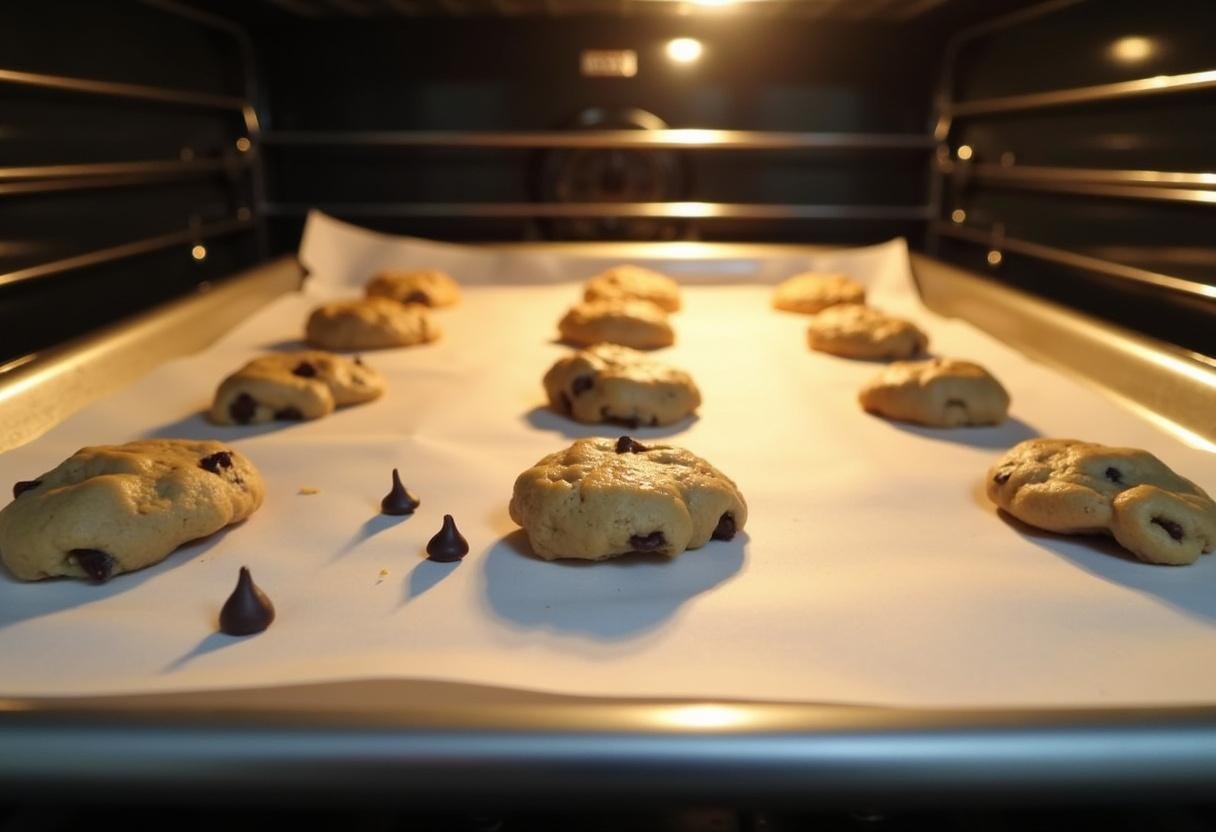 Placing cookie dough on a baking sheet for Slytherin Peanut Butter Chocolate Cookies with Chocolate Chips. The baking process is depicted in a warm kitchen environment.
