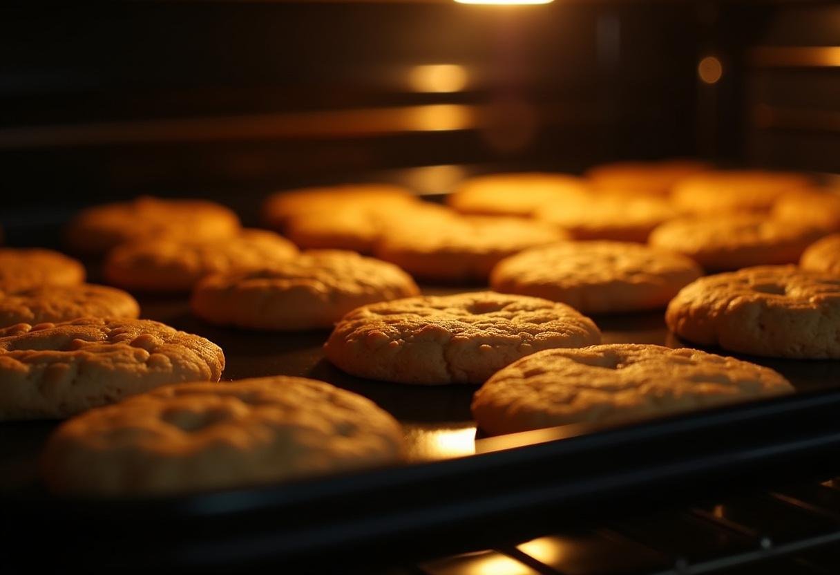Baking Slytherin Peanut Butter Chocolate Cookies with Chocolate Chips in the oven. The cookies are rising and turning golden brown.
