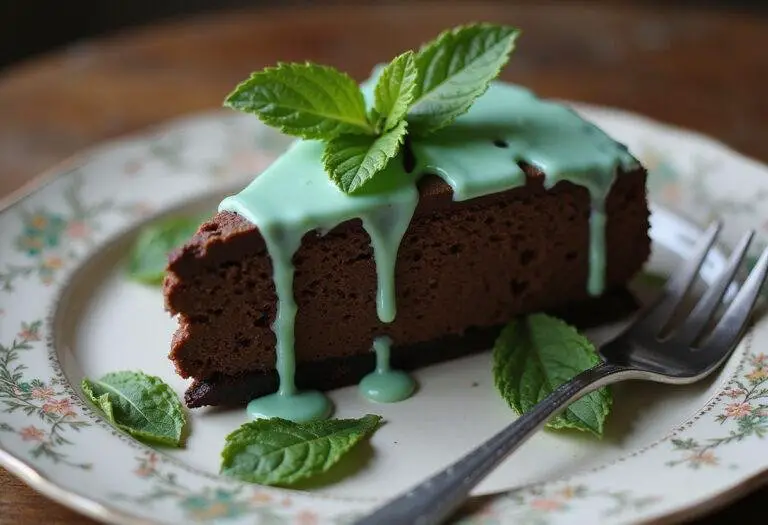 Final presentation of Slytherin Serpent Dark Chocolate Cheesecake with Mint Glaze, garnished for an elegant dessert display.