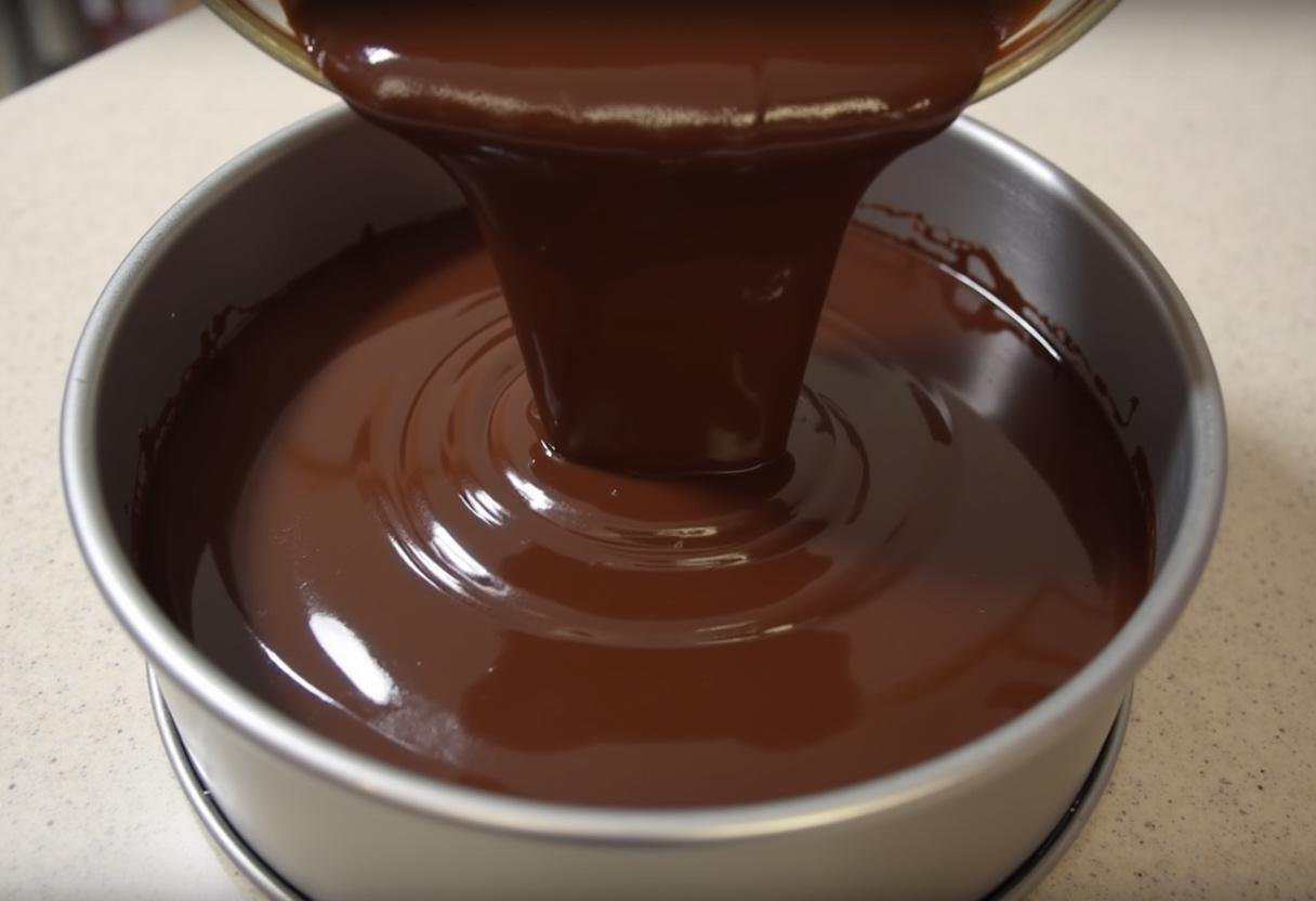 Pouring the dark chocolate cheesecake batter into the springform pan for Slytherin Serpent Dark Chocolate Cheesecake with Mint Glaze.