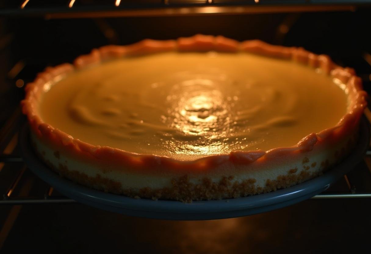 Cheesecake baking in the oven, preparing the Slytherin Serpent Dark Chocolate Cheesecake with Mint Glaze.
