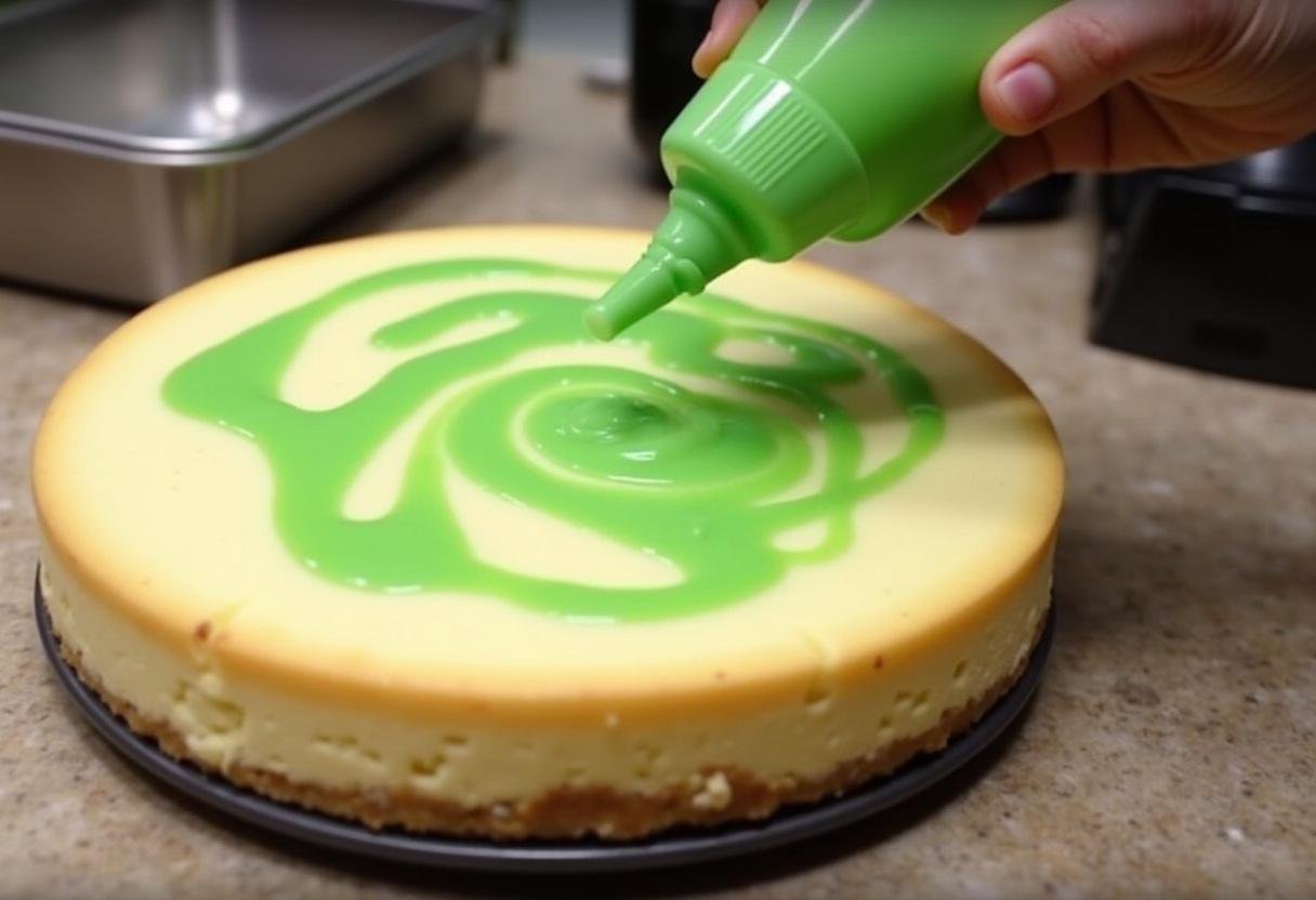 Drizzling mint glaze over cooled Slytherin Serpent Dark Chocolate Cheesecake, adding a vibrant finish.